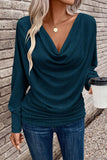 Real Teal Cowl Neck Buttoned Long Sleeve Blouse