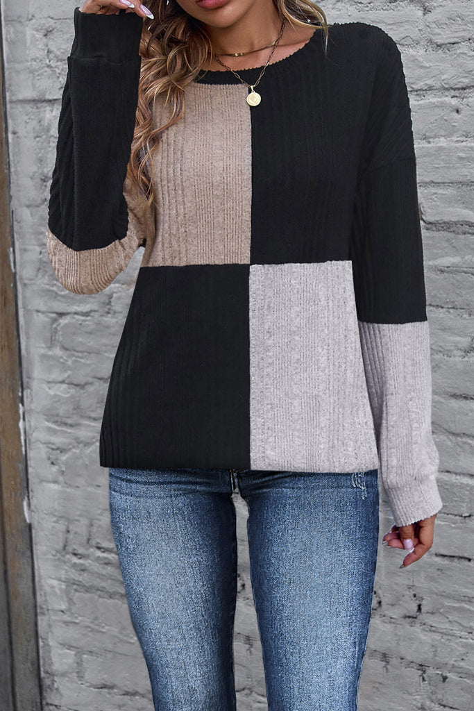 Black Colorblock Textured Knit Long Sleeve Top