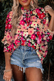 Rose Floral Print Frilled Neck Shirred Cuffs Blouse