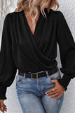 Black Basic Drape V Neck Long Sleeve Blouse for Women