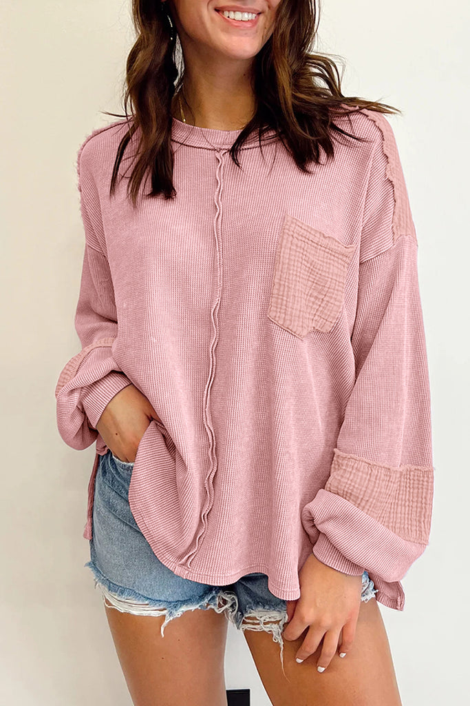 Pink Waffle and Crinkle Patchwork Long Sleeve Top