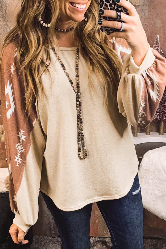 Apricot Casual Ethnic Print Patch Long Sleeve Top