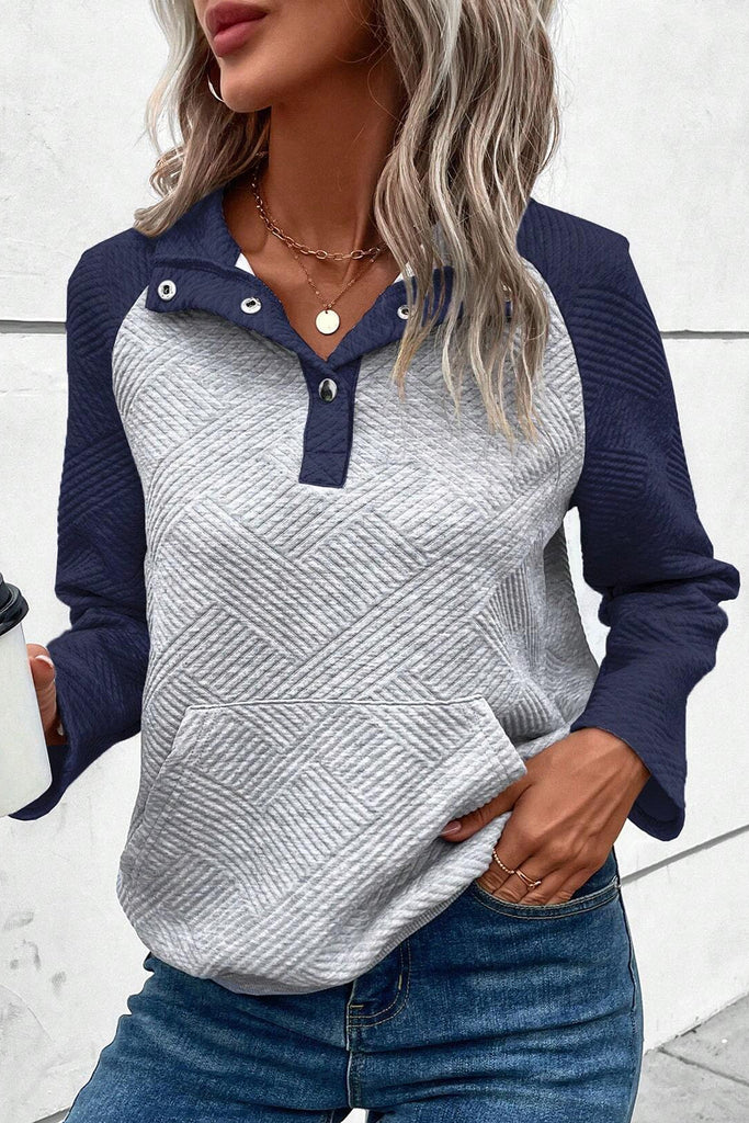 Gray Textured Splicing Kangaroo Pocket Raglan Sleeve Sweatshirt