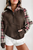 Khaki Quilted Plaid Patchwork Half Zip Kangaroo Pocket Sweatshirt