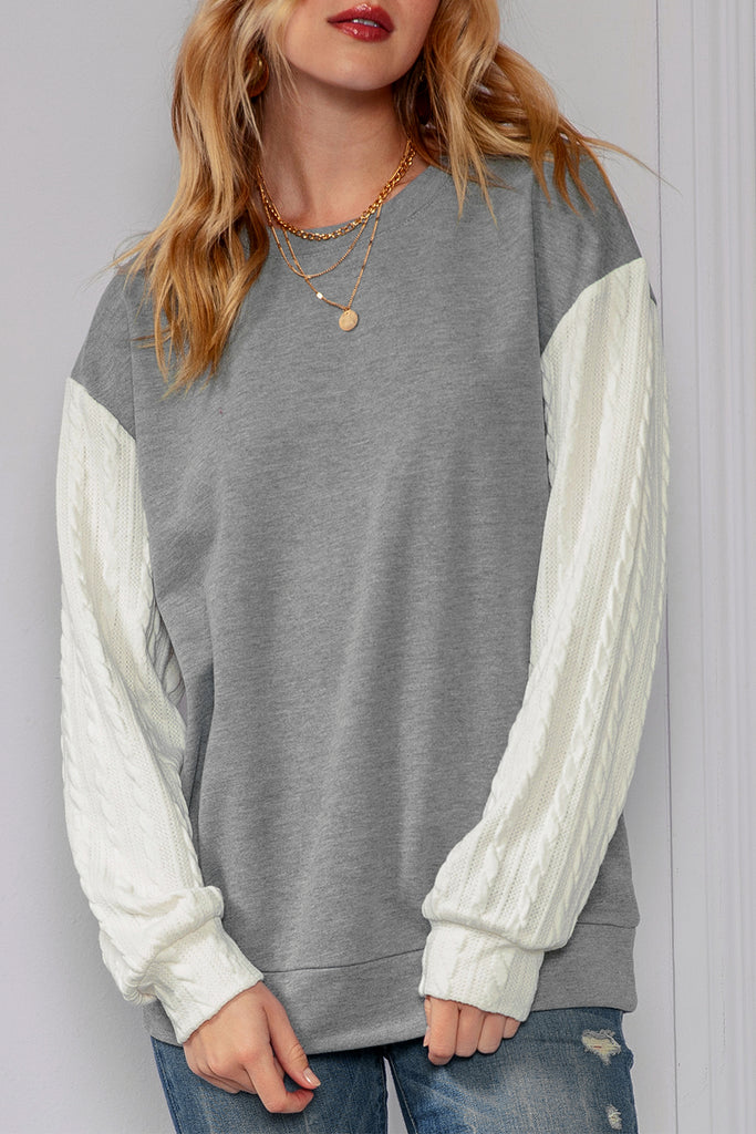 Dark Grey Knitted Sleeve Splicing Pullover Sweatshirt