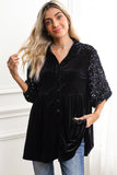 Black Velvet Sequin Puff Sleeve Button Babydoll Blouse