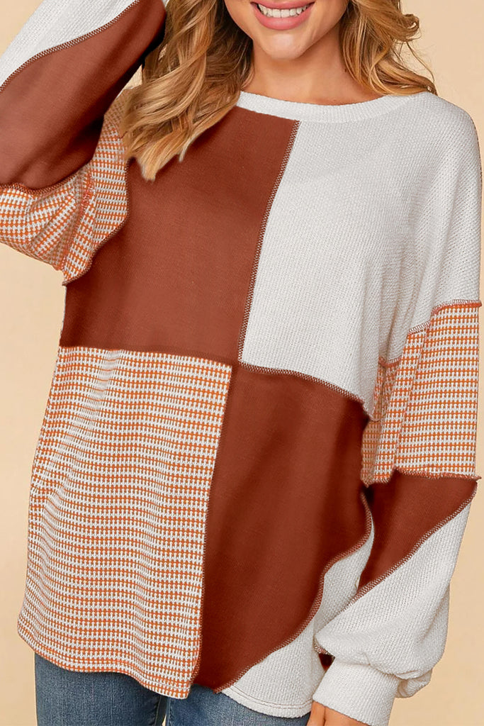 Multicolor Exposed Seam Color Block Pullover Long Sleeve Top