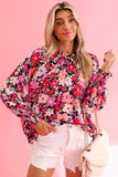 Rose Floral Print Frilled Neck Shirred Cuffs Blouse