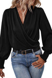 Black Basic Drape V Neck Long Sleeve Blouse for Women