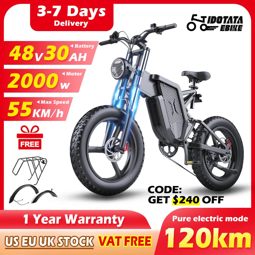 X20 Electric Bike 2000W 48V 30AH Battery Ebike Front Rear Shock Absorption