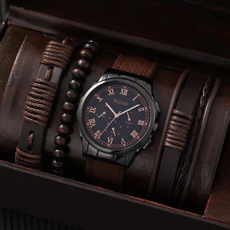 4pcs Brown Nylon Strap Quartz Watch With Bracelet For Men
