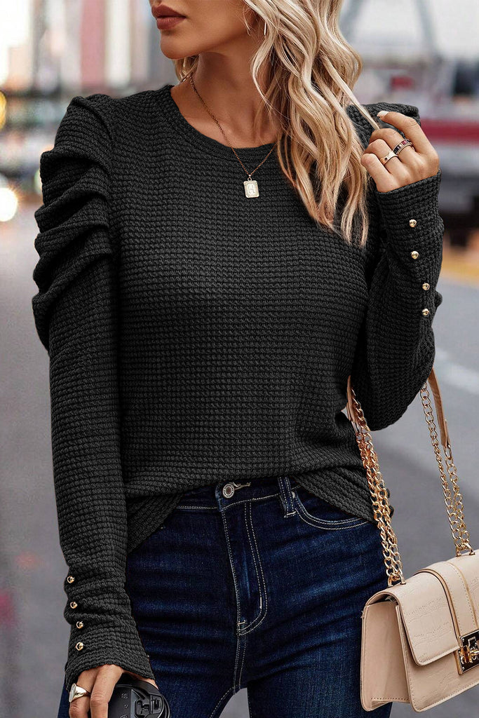 Black Solid Color Textured Ruched Long Sleeve Top