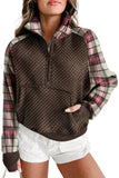 Khaki Quilted Plaid Patchwork Half Zip Kangaroo Pocket Sweatshirt