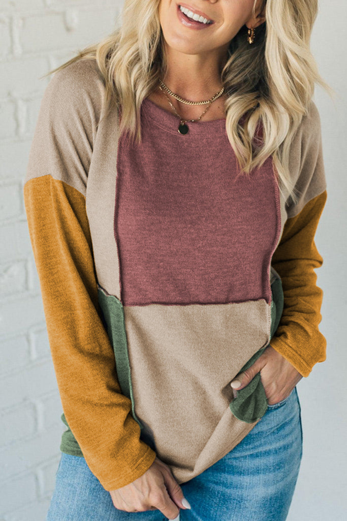 Light French Beige Exposed Seam Colorblock Long Sleeve Top
